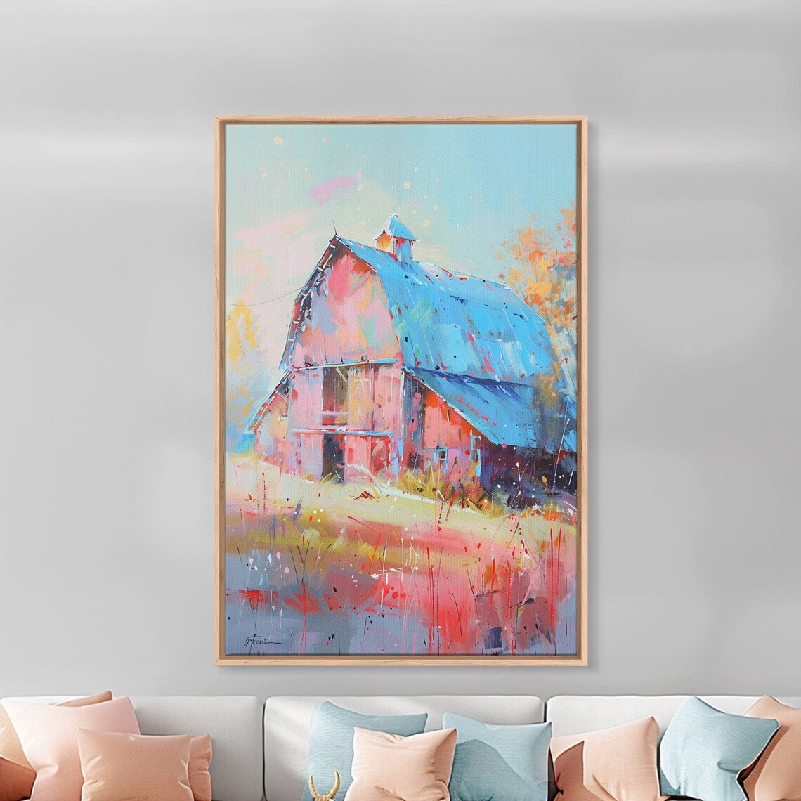 Pastel Pink Barn Blue Roof Wildflower Country Art Wall Poster - Image 4