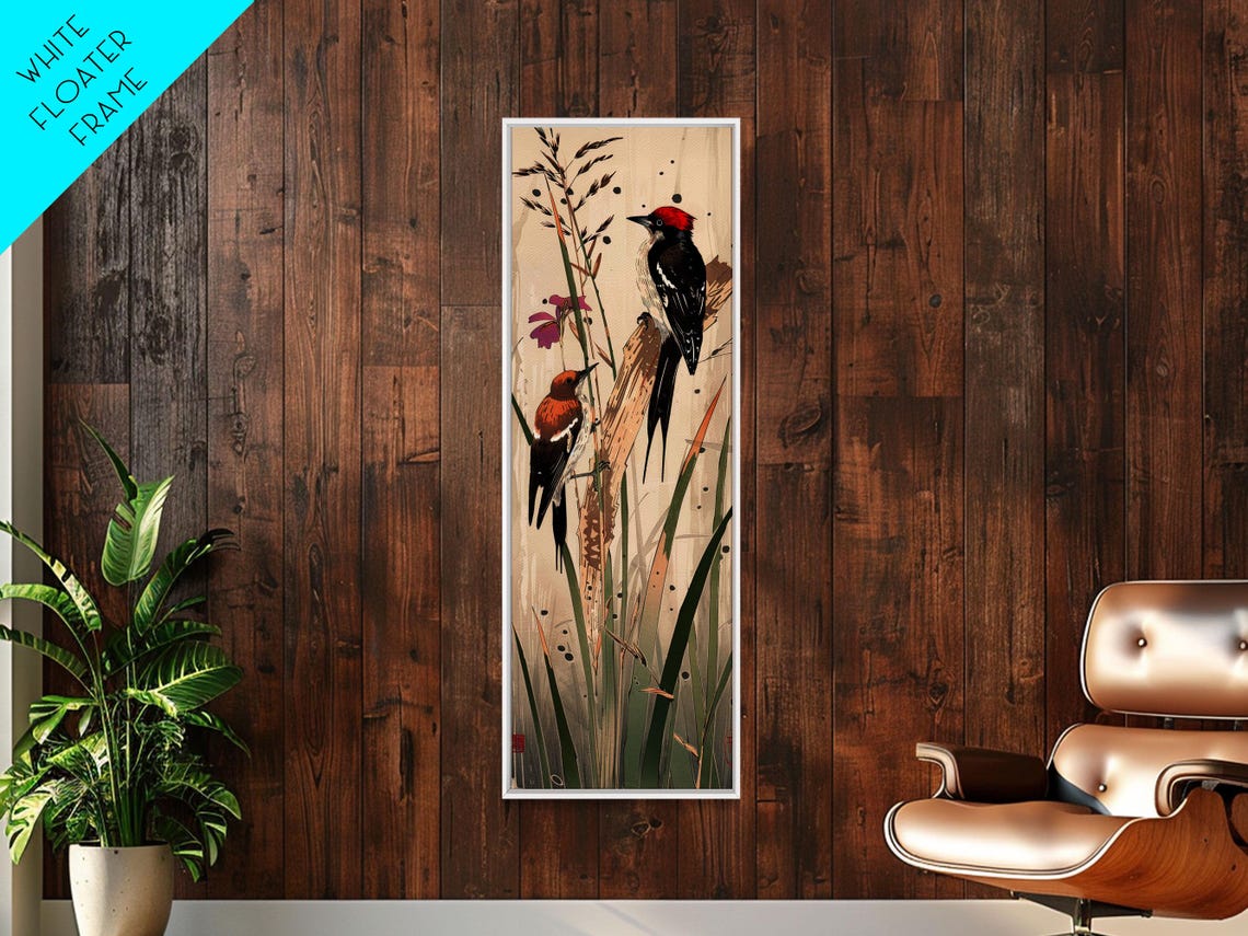 Two Woodpeckers Perched Among Reeds Vintage Japanese Style Wall Art