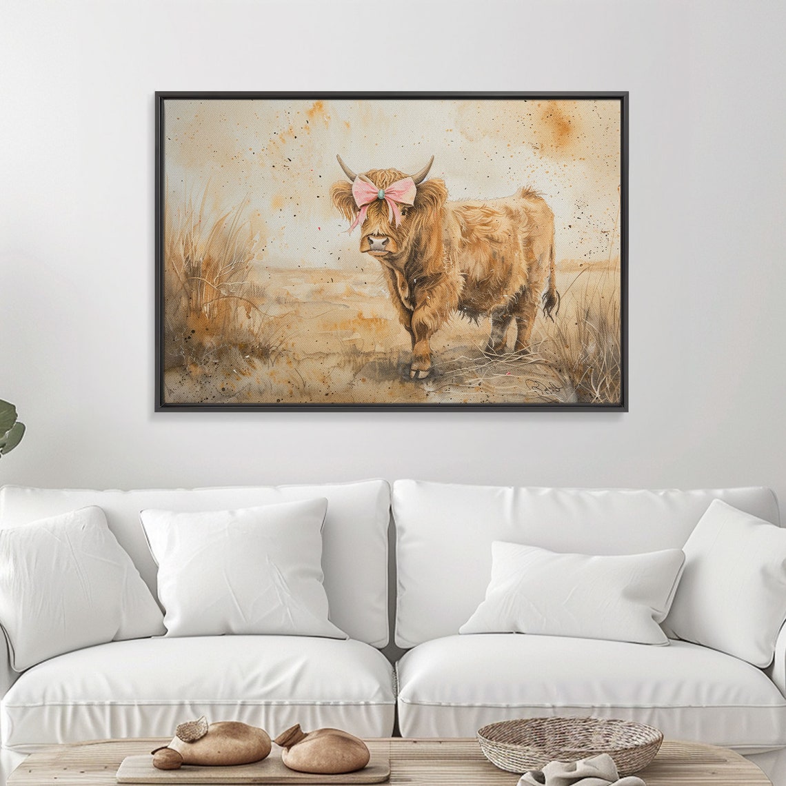 Highland Cow With Pink Bow Watercolor Field Farm Animal Wall Art - Image 5