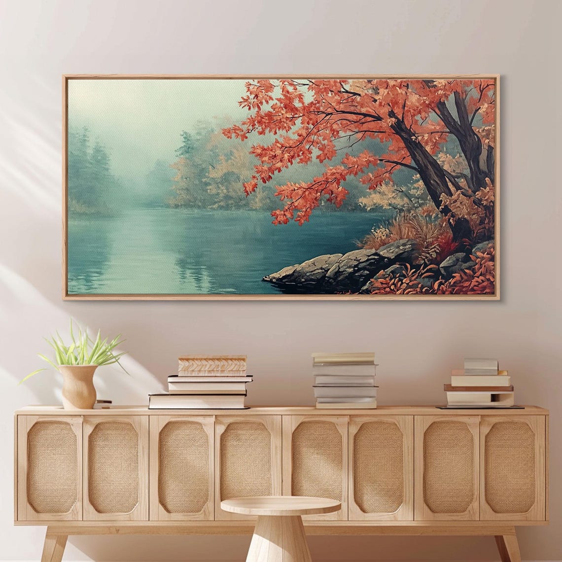 Misty Autumn Lake With A Red Maple Tree On The Rocky Shore Poster - Image 2