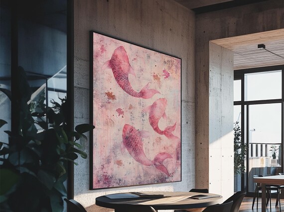 Artistic Koi Fish Painting With Framed Print Pink Abstract Art Light Pink Wall Art Gift Idea Moody Art Above Bed Decor