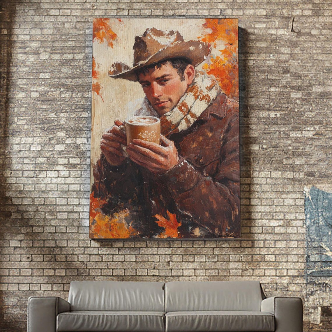 Young Cowboy Holding Steaming Mug Snow Dusted Hat Autumn Warm Poster - Image 2