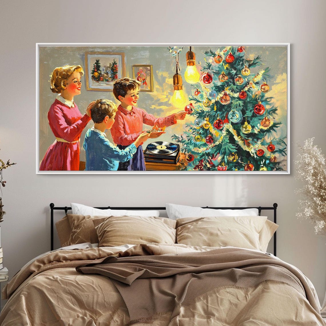 Retro Family Decorating A Bright Christmas Tree Together Art Print