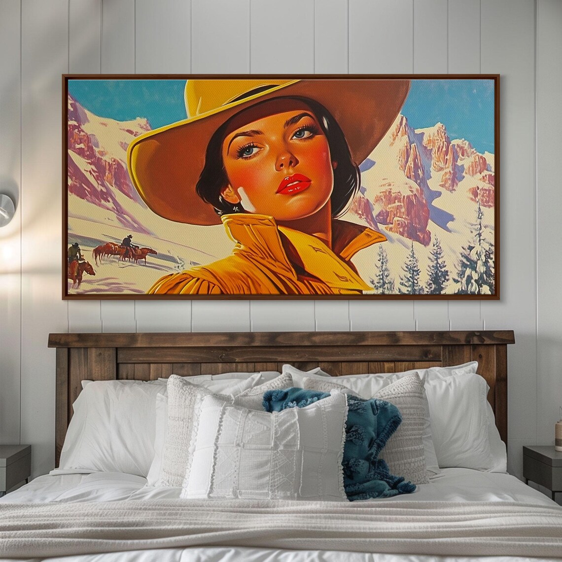 Retro Cowgirl Portrait With Snowy Mountain Riders Behind Art Print - Image 3