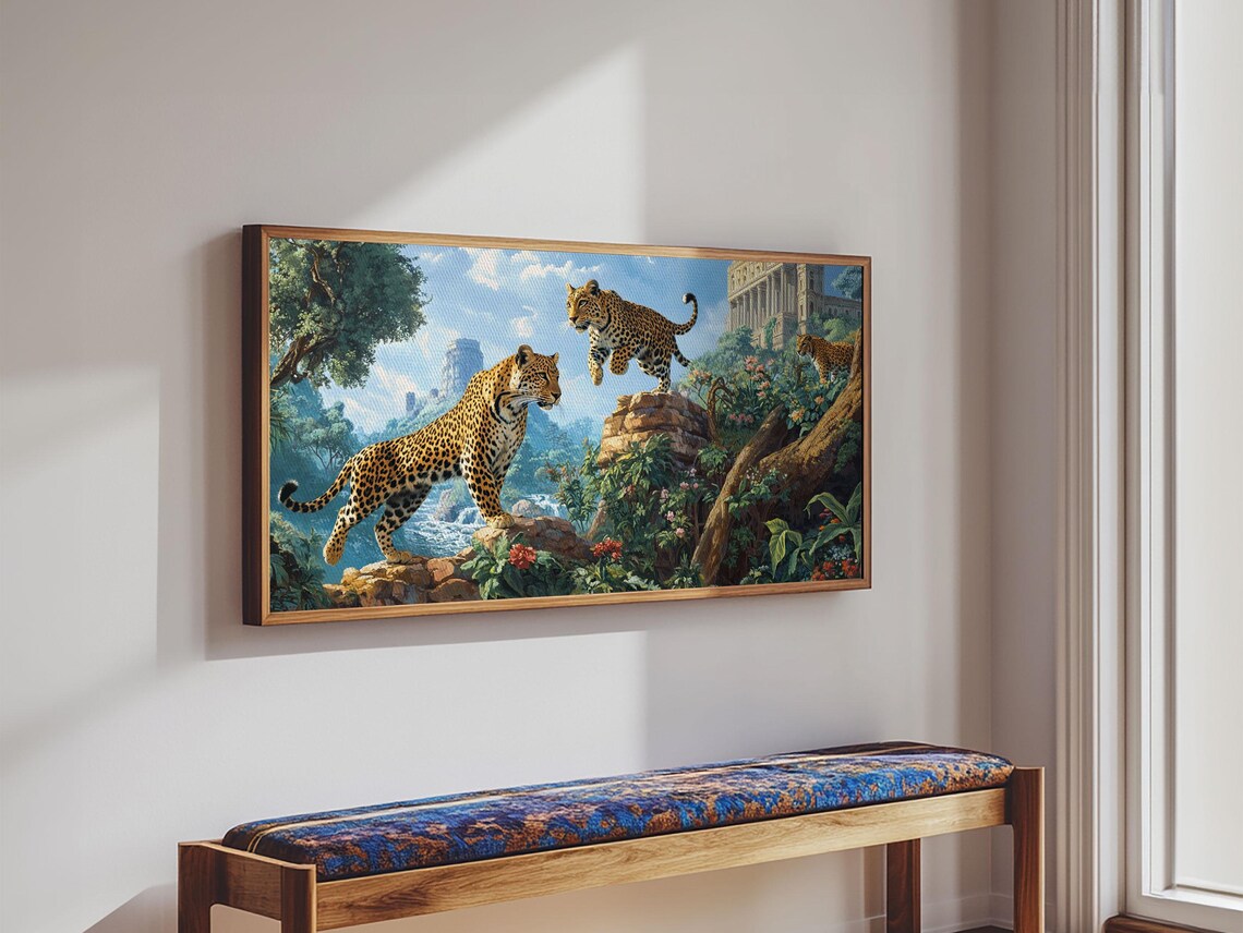 Leopards Jungle Ruins Flowers Painting Wild Big Cats Adventure Art Poster - Image 6