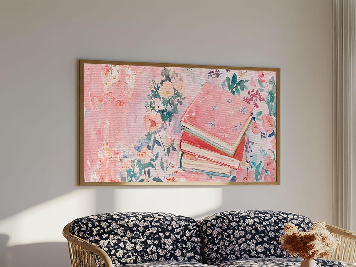 Pink Floral Books Stack Watercolor Reading Corner Library Poster - Image 3
