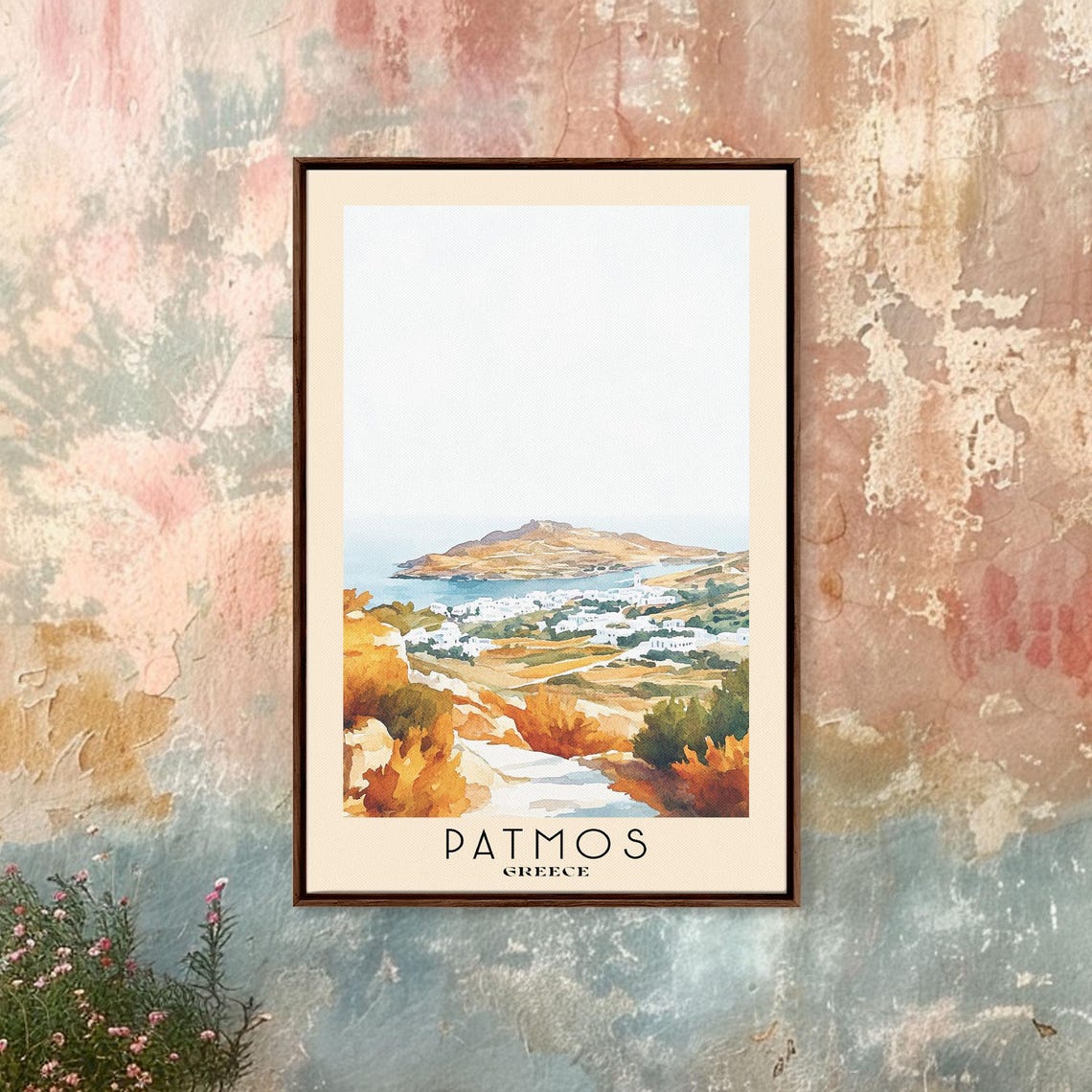 Patmos Greece White Town Island Bay Orange Shrub View Poster