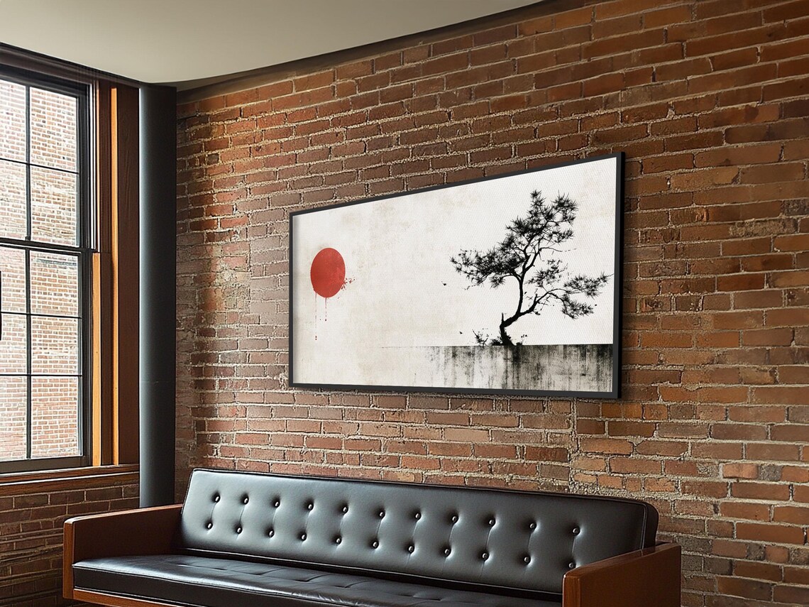 Japanese Red Sun Pine Tree Minimalist Ink Painting Zen Wall Art Poster