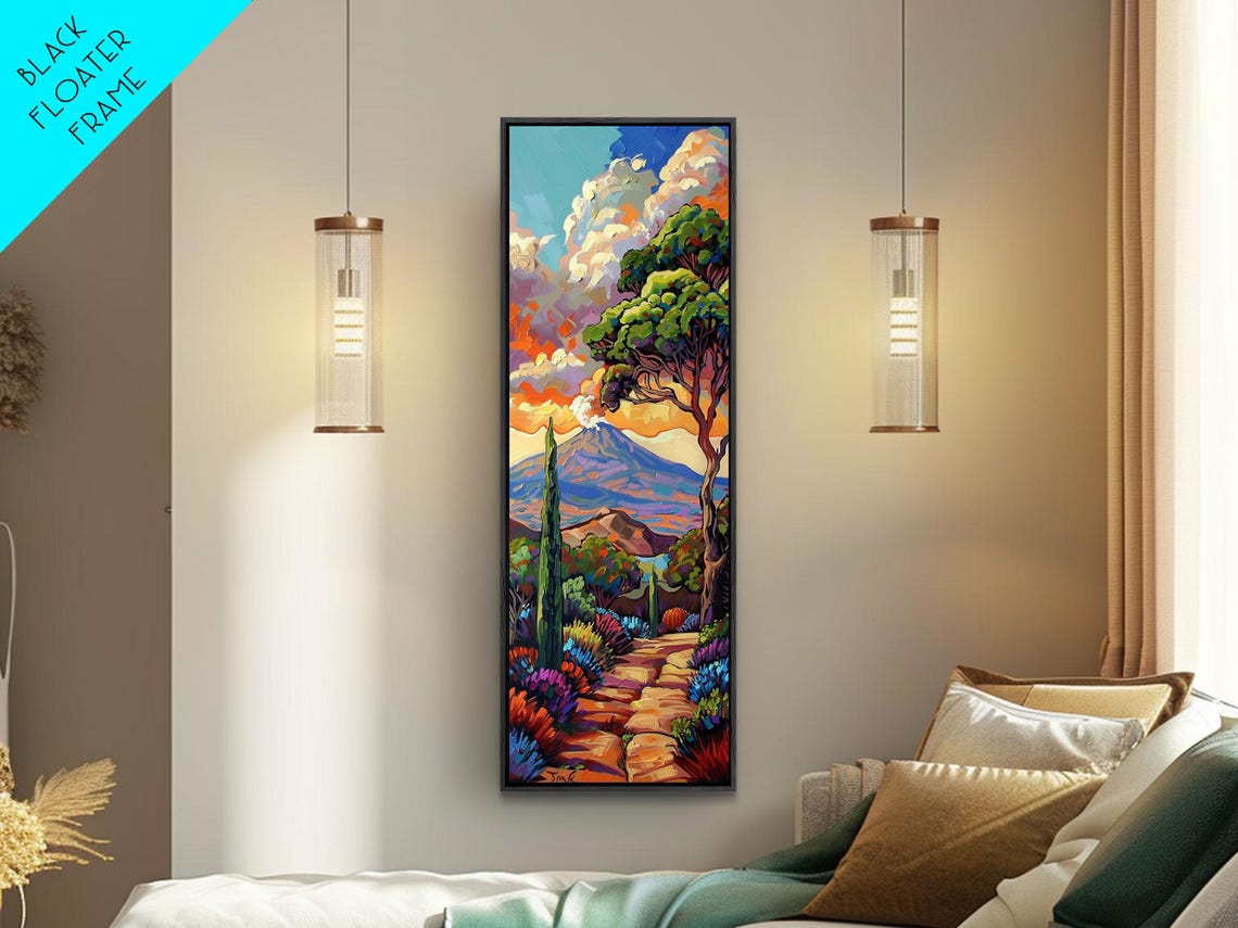 Volcano Sunset Over Colorful Flower Valley Impasto Landscape Poster - Image 4