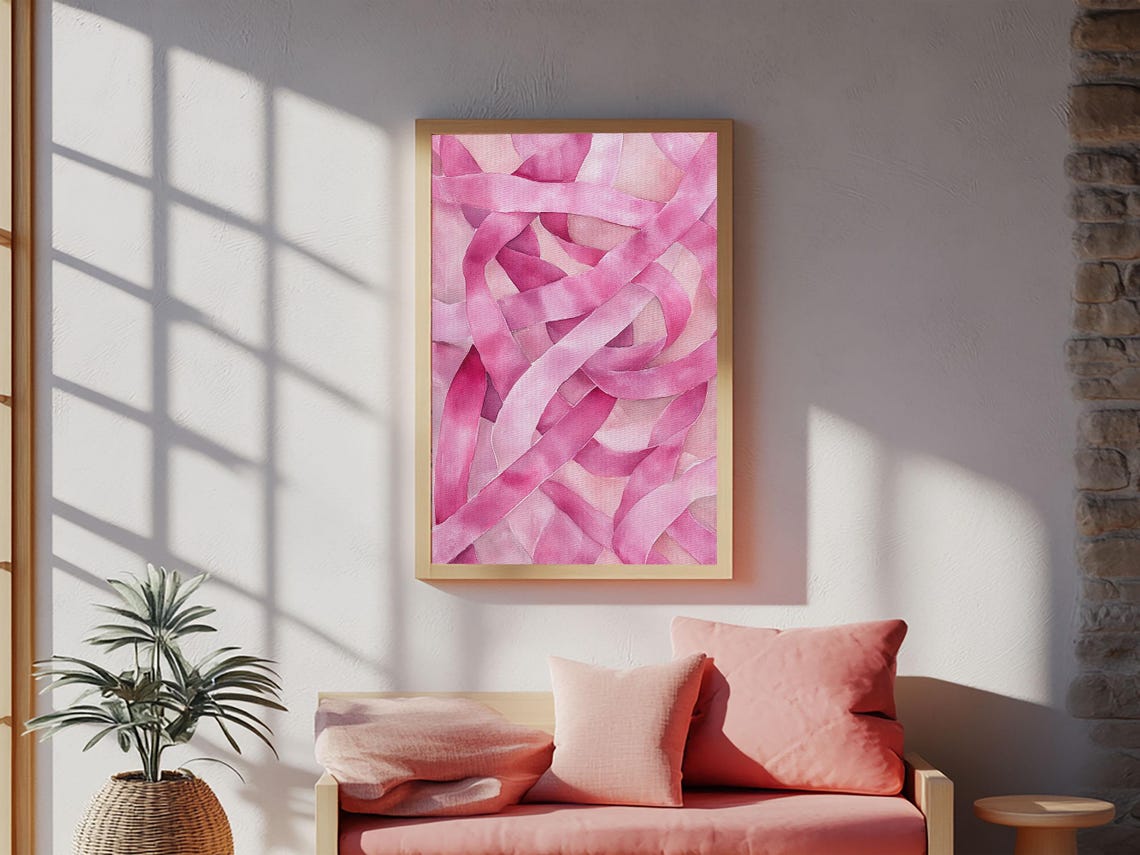 Abstract Pink Ribbons Watercolor Modern Minimalist Wall Art Poster