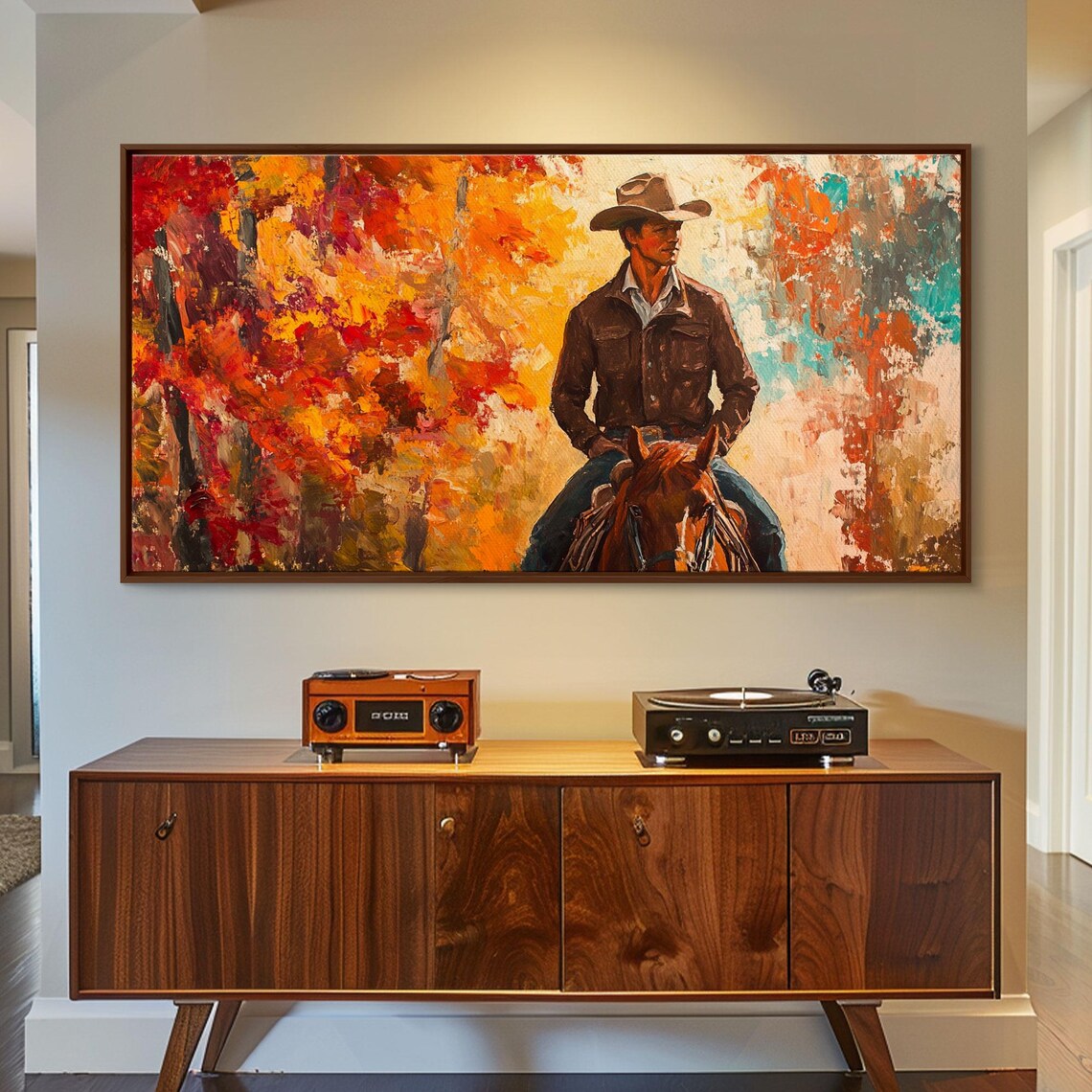 Cowboy On Horseback Against A Fiery Abstract Autumn Sky Art Print - Image 4