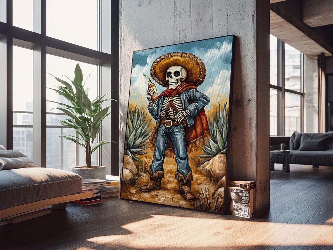Mexican Skeleton Cowboy Sombrero Tequila Bottle Desert Art Poster - Image 2