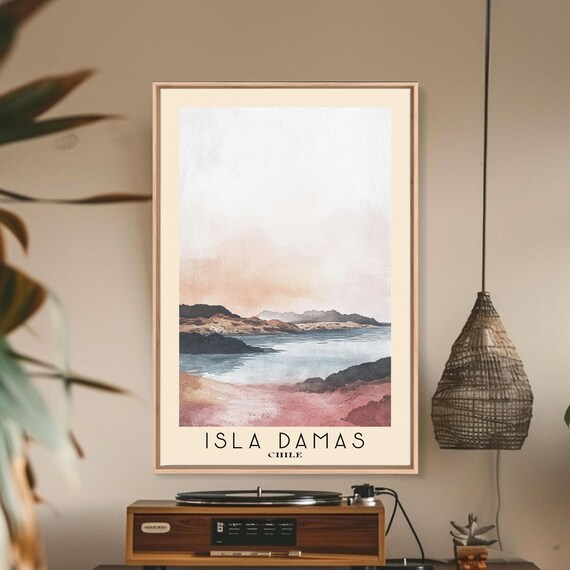 Isla Damas Chile Desert Coast Pink Sand Calm Bay Watercolor Art Poster
