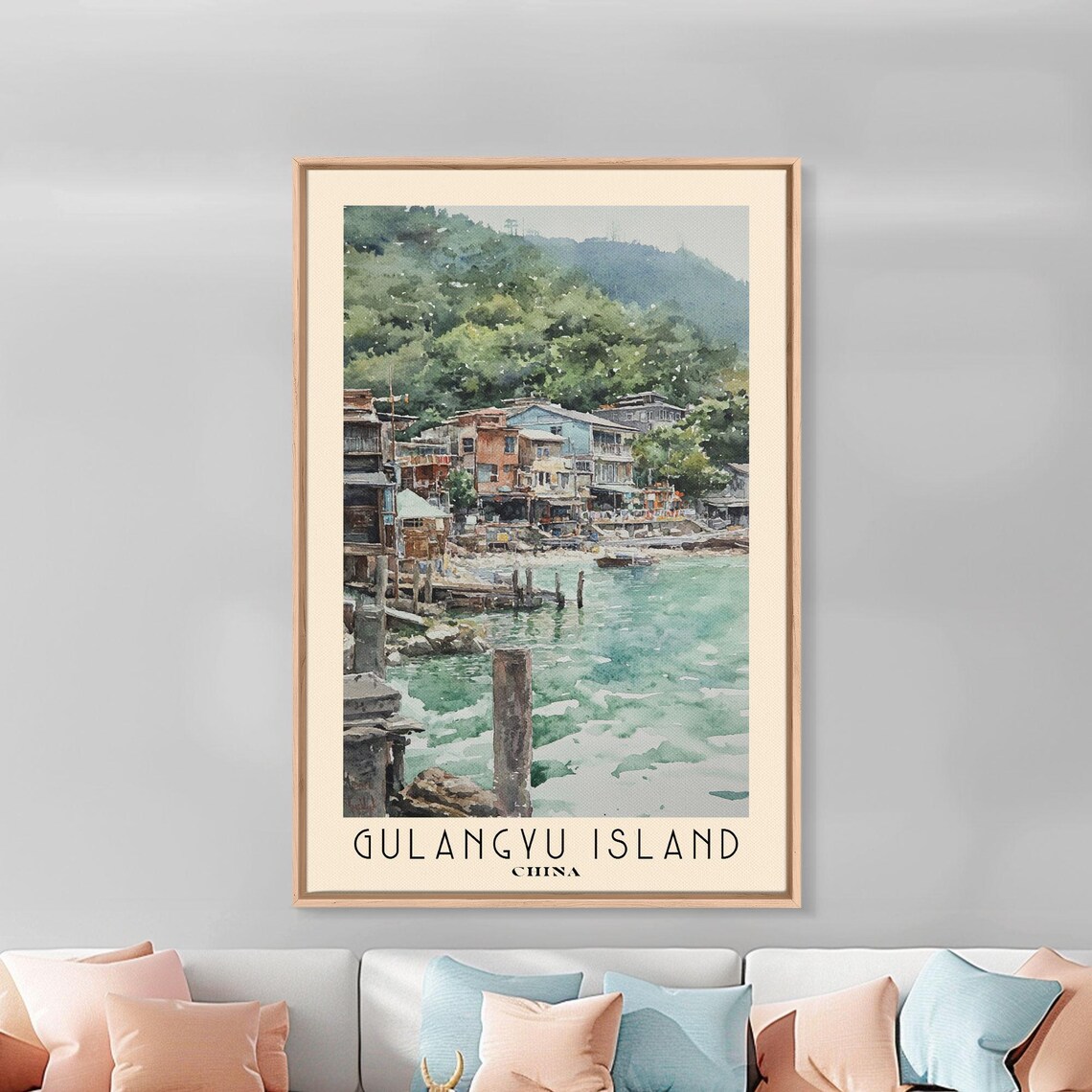 Gulangyu Island China Waterfront Village Green Hills Watercolor Poster - Image 3