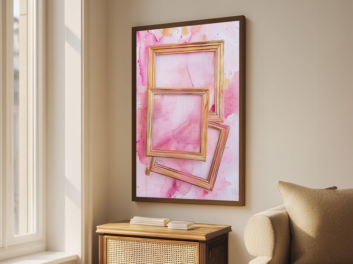 Golden Frames On Pink Watercolor Background Minimalist Wall Art Print - Image 5