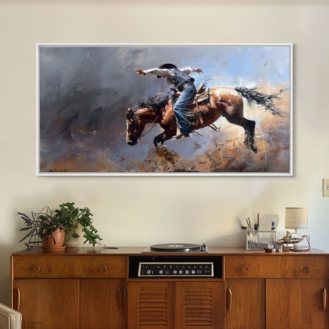Rodeo Cowboy Riding Bucking Horse Mid Buck Dramatic Western Art Poster - Image 5
