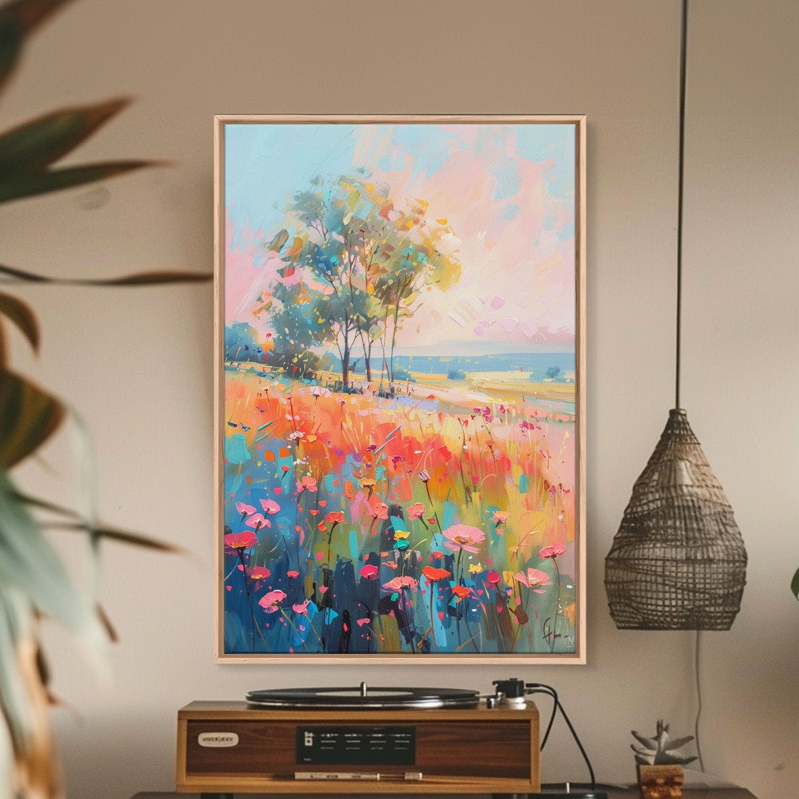 Blossoming Meadow Flower Field Trees Pastel Impressionist Art Poster