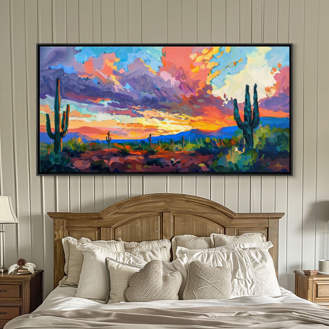 Vibrant Desert Sunset Saguaro Cacti Dramatic Cloud Sky Art Poster - Image 2