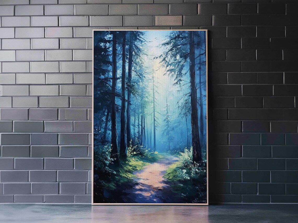 Enchanting Forest Print Moody Blue Landscape Painting With Pine Tree Art Above Sofa Rustic Wall Artwork - Image 4