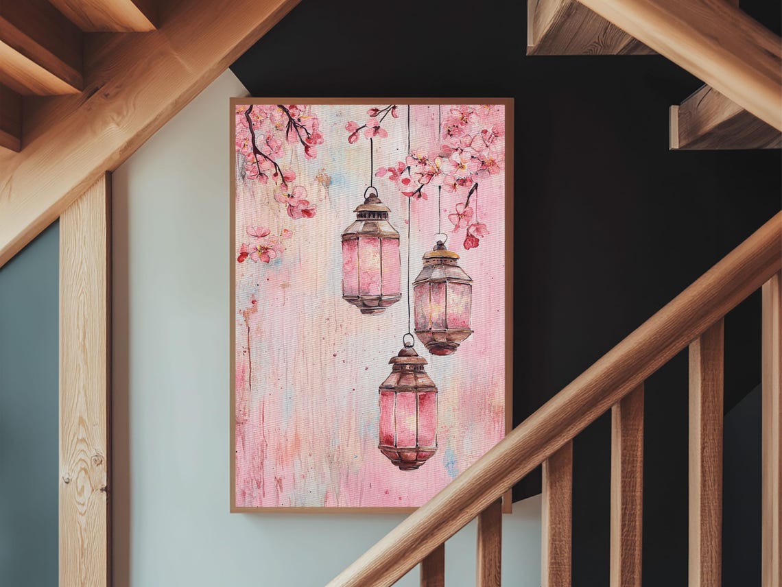 Moroccan Lanterns Cherry Blossom Pink Watercolor Boho Art Poster - Image 6