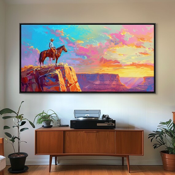 Cowboy Watching Sunset Over Canyon Farmhouse Style Framed Print For Living Room Wall Art Vibrant Home Decor Western Landscape