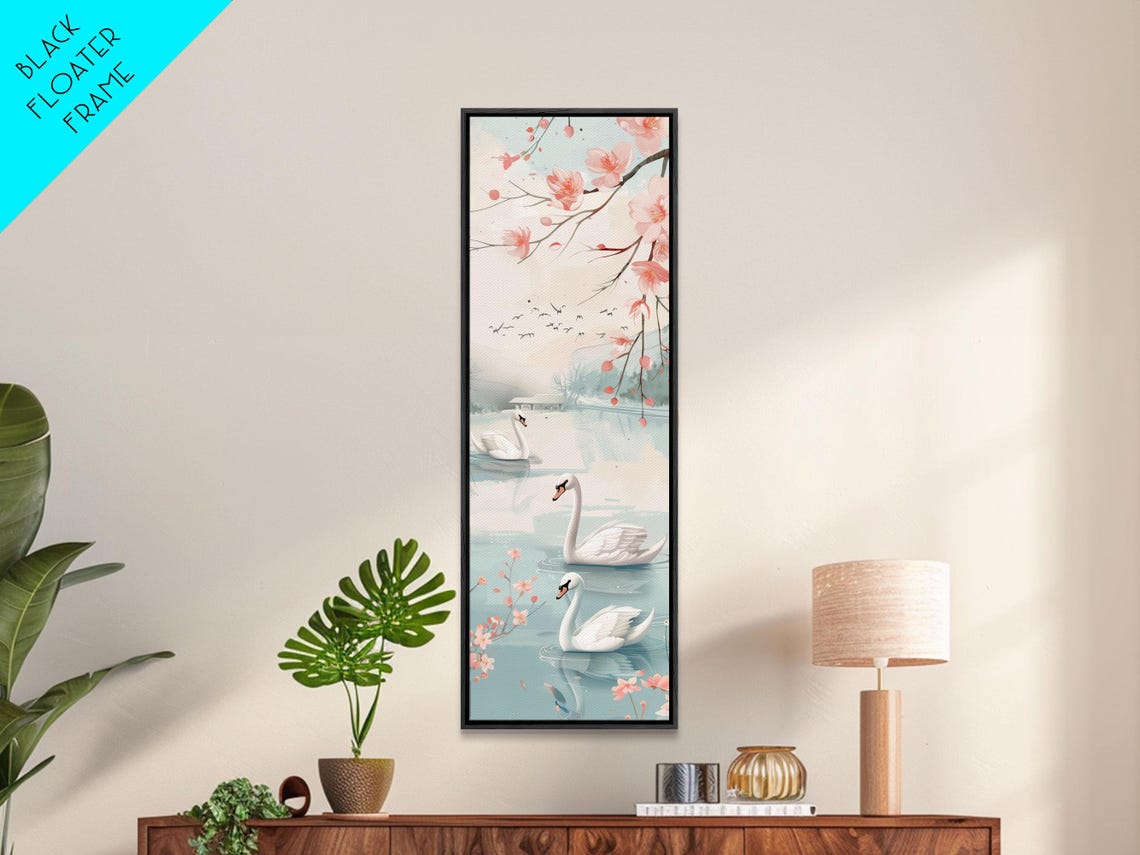 White Swans Lake Cherry Blossoms Japanese Style Tall Art Poster - Image 6