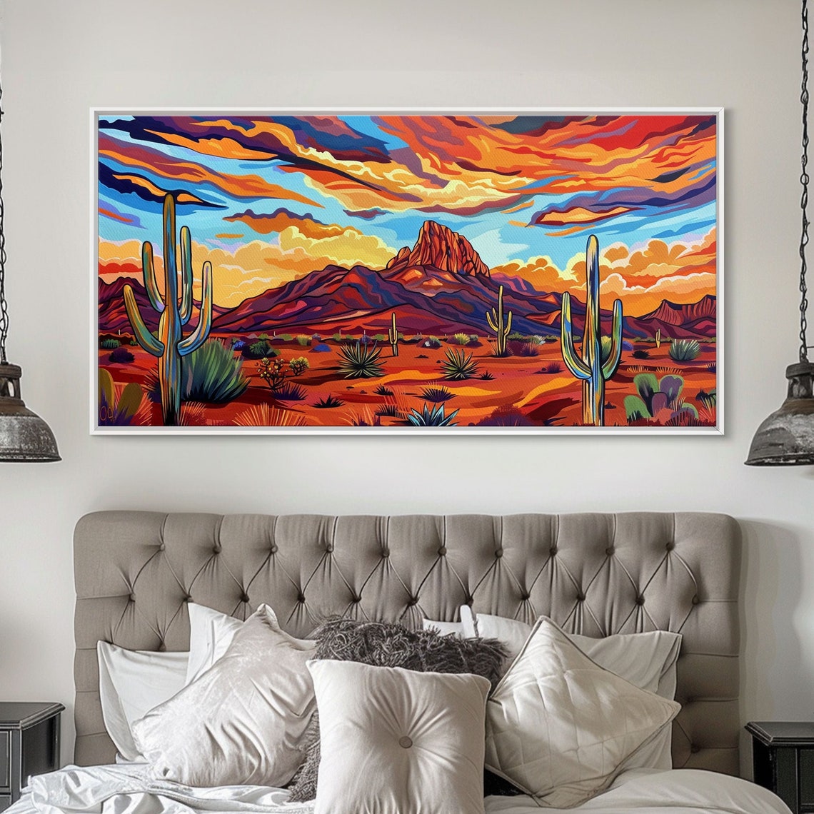 Saguaro Desert Sunset Red Rock Peak Dramatic Sky Stylized Art Poster - Image 5