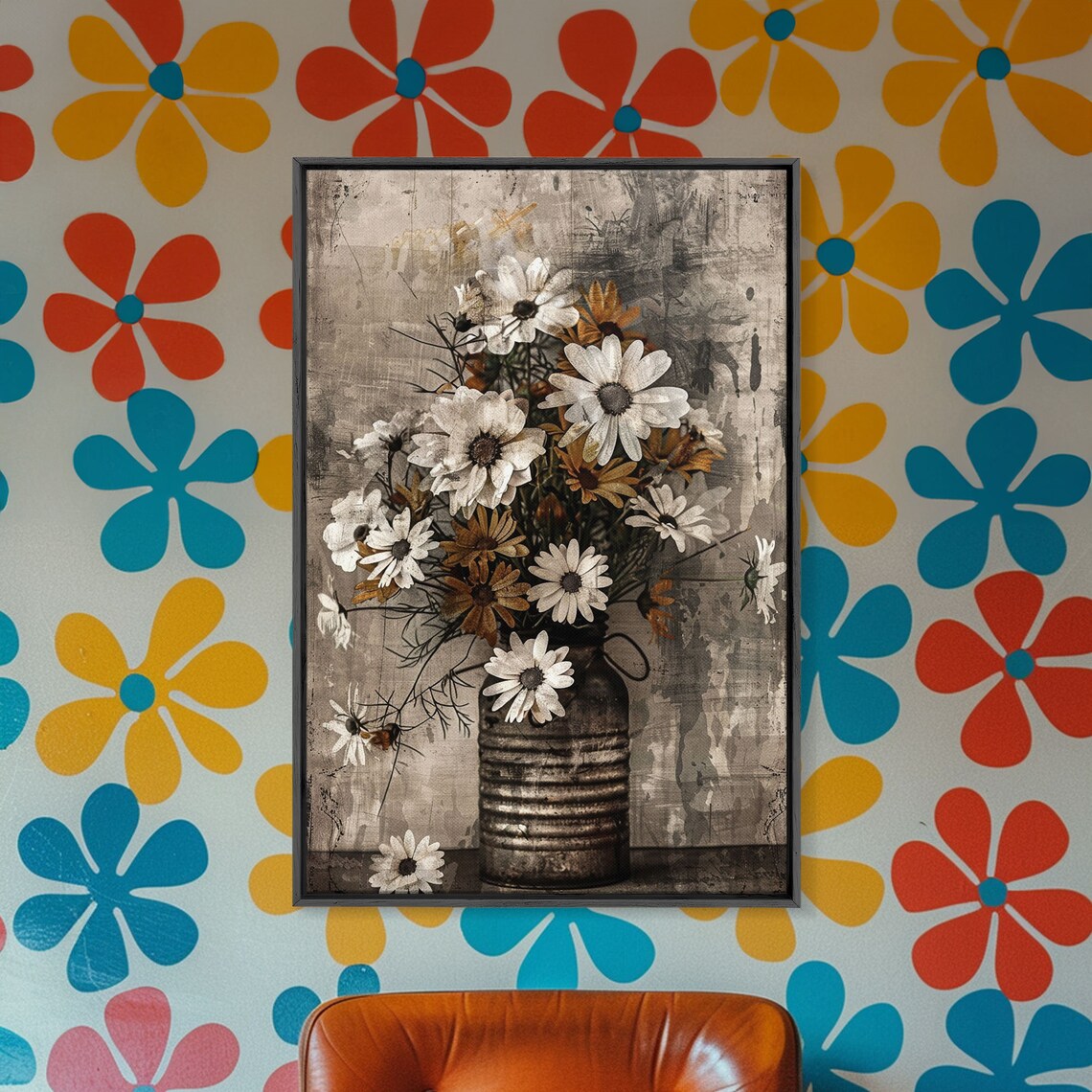 Rustic Metal Vase With Daisies, Farmhouse Art Print