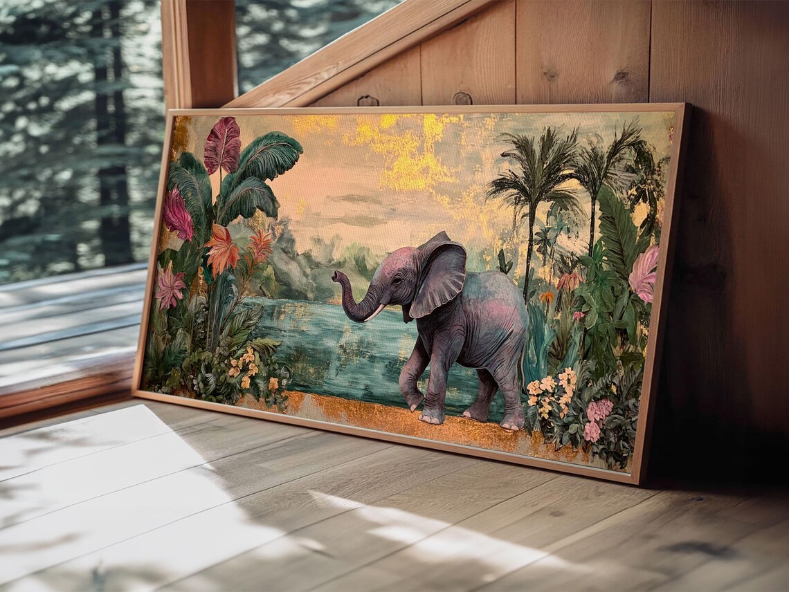 Exotic Jungle Elephant Print Rustic Botanical Decor Moody Art Wildlife Art Living Room Wall Art Gift Idea - Image 2