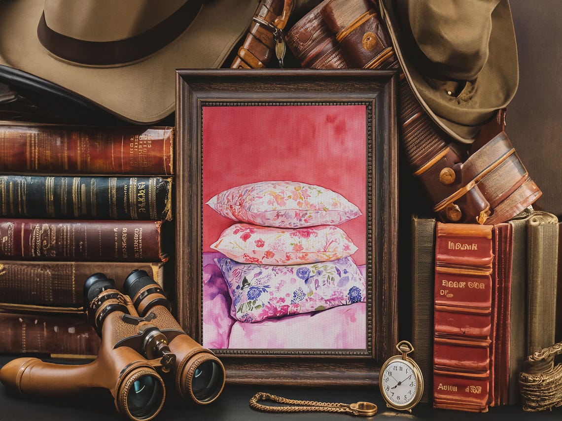 Floral Pillows Stack Watercolor Cozy Pink Bedroom Wall Art Poster - Image 2