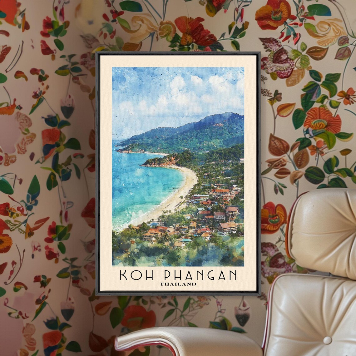 Koh Phangan Thailand Curved Bay Town Green Mountains Watercolor Poster - Image 2