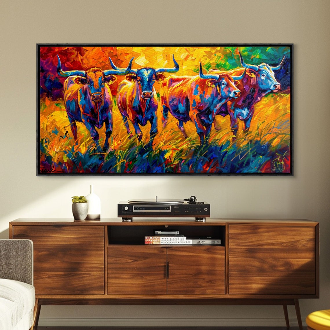 Longhorn Cattle Herd Walking In Golden Grass Fiery Impasto Art Poster - Image 5