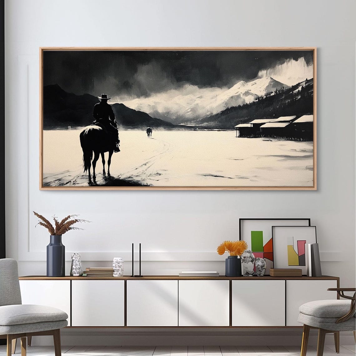 Cowboy Riding Through Snow Toward A Mountain Ranch Black White Print - Image 5