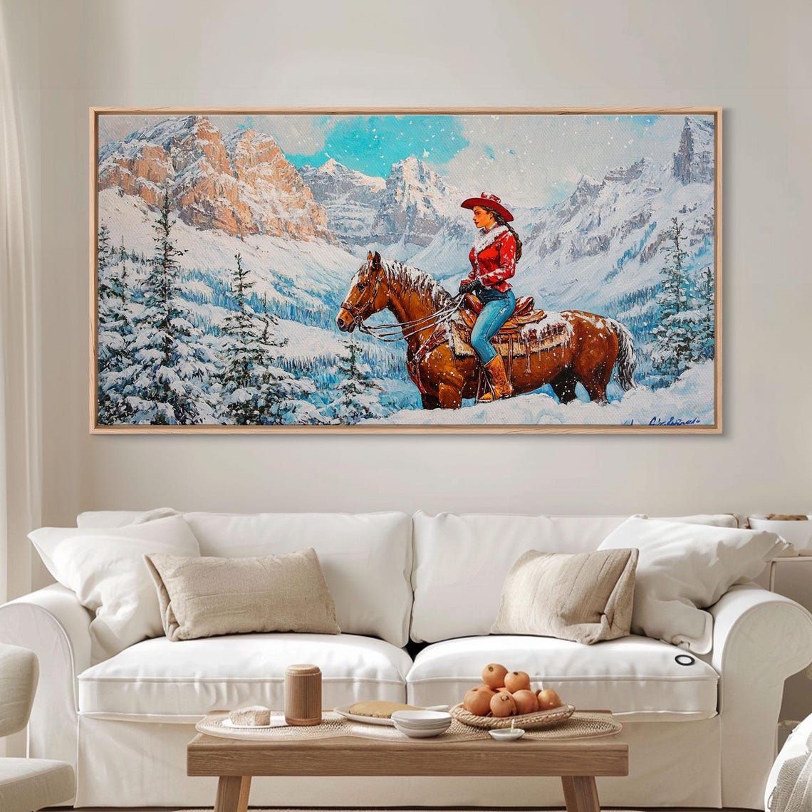 Cowgirl In Red Coat Riding Through Snowy Alpine Mountain Valley Poster - Image 5