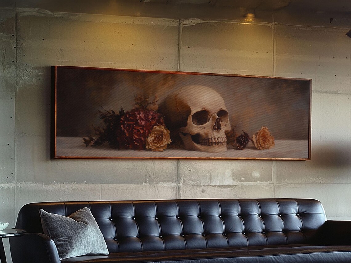 Skull And Flowers Still Life Panoramic Painting Moody Gothic Roses Poster - Image 4