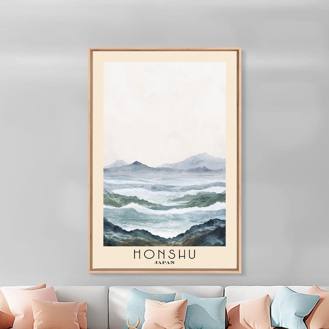 Honshu Japan Misty Mountain Seascape Grey Blue Watercolor Print - Image 3