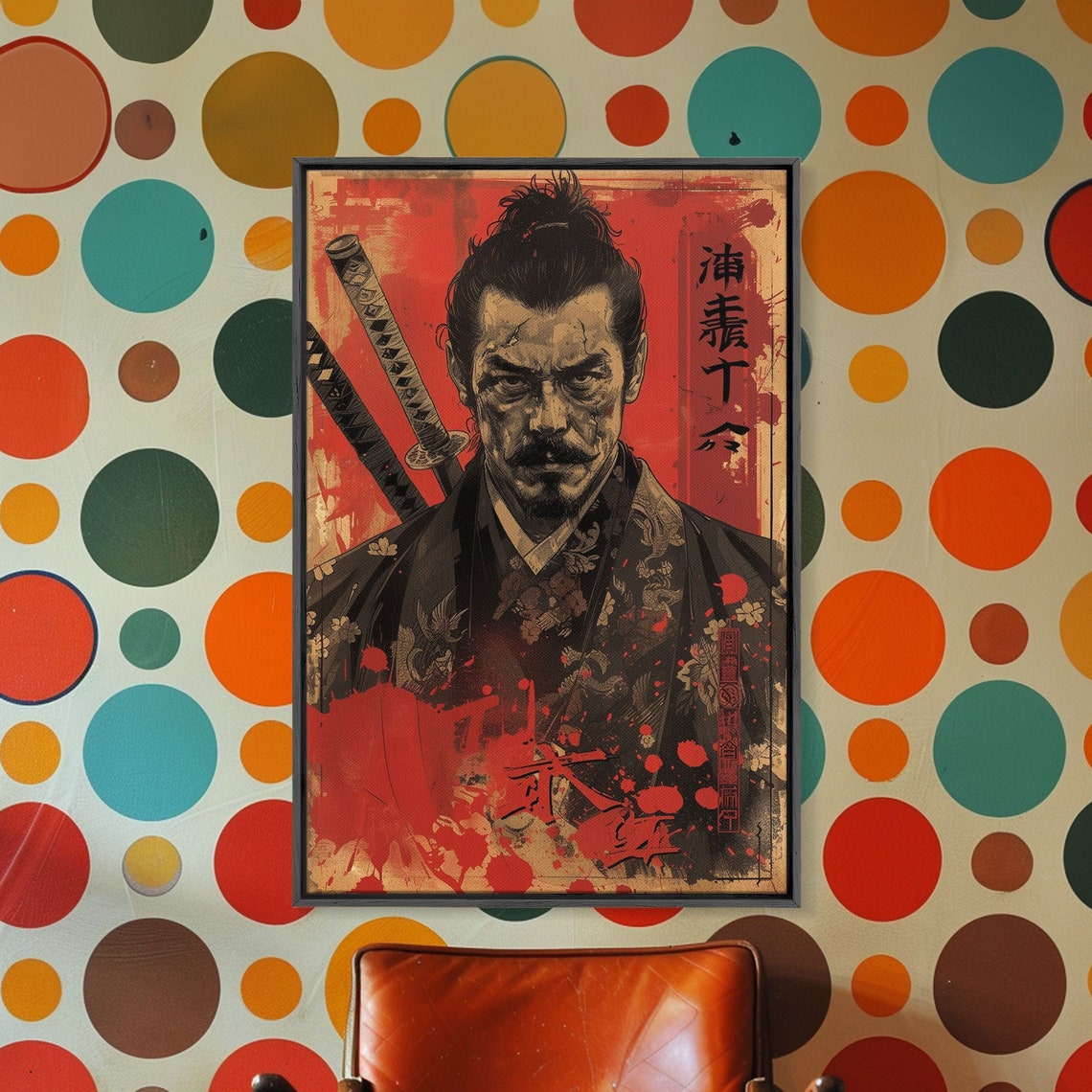 Samurai Warrior Floral Kimono Katanas Blood Red Distressed Poster
