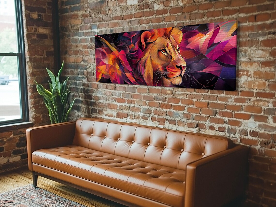 Radiant Lion Profile Magenta Orange Abstract Geometric Panoramic Art Poster - Image 3