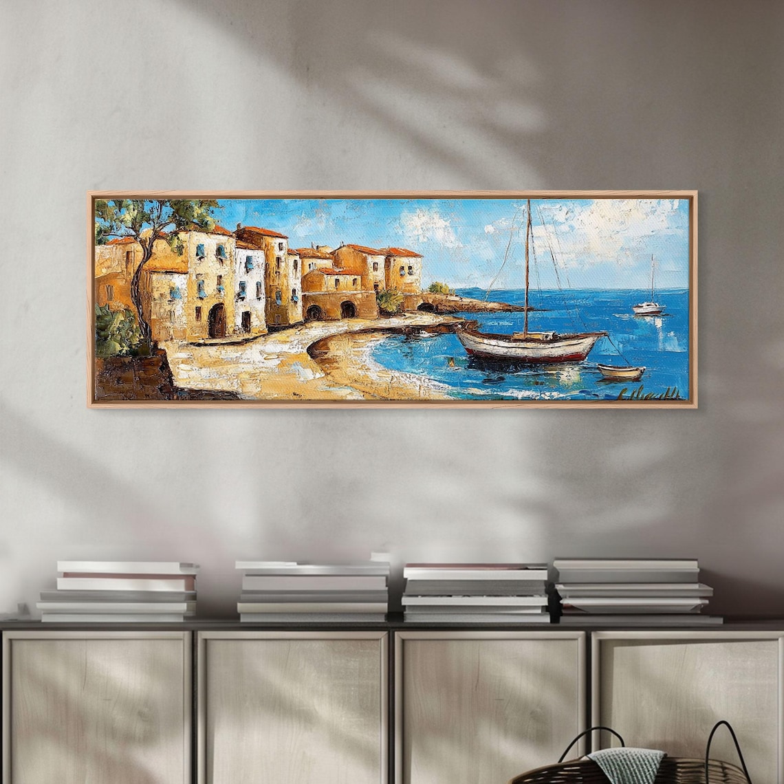Mediterranean Coastal Village Harbor Fishing Boats Oil Travel Poster - Image 6
