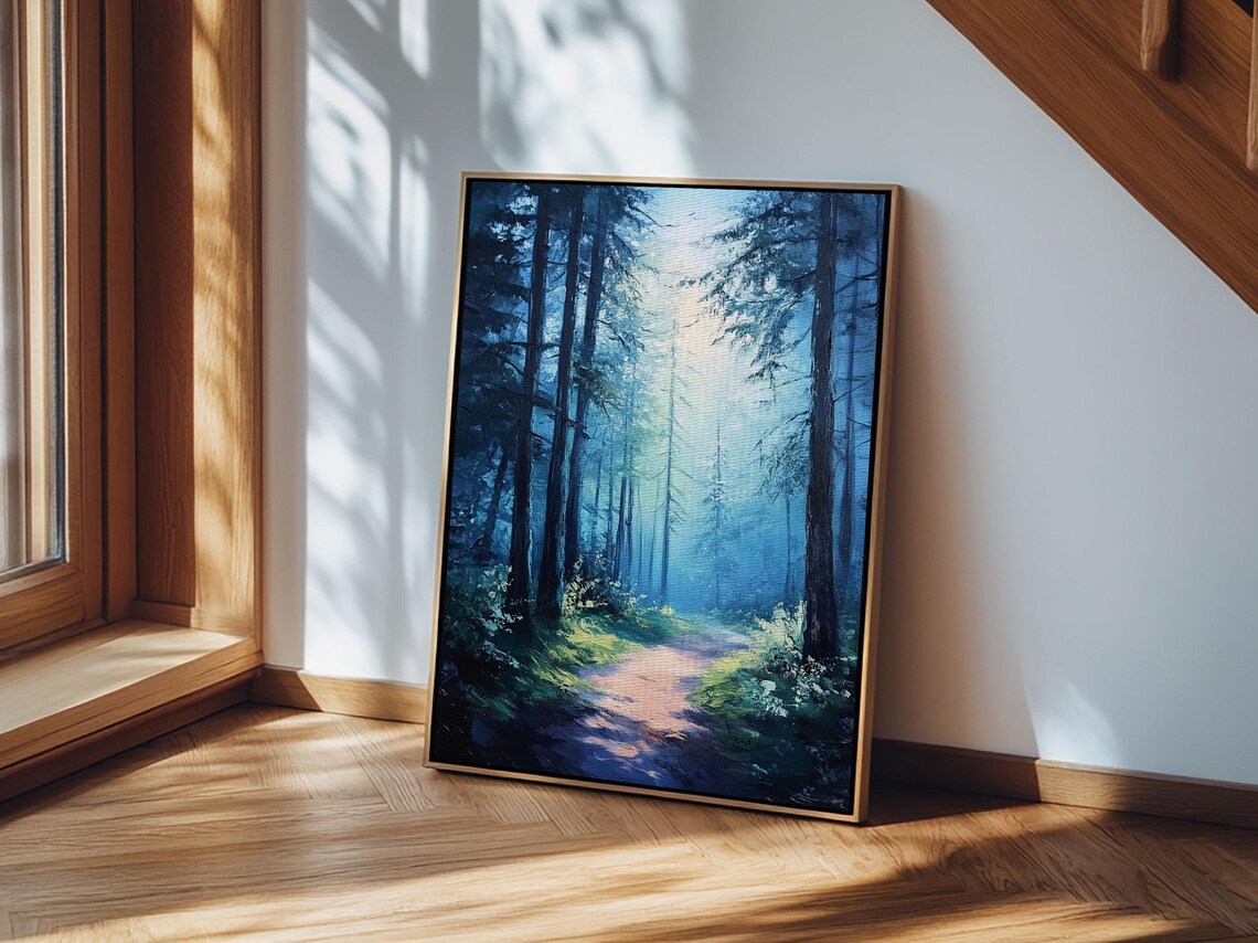 Enchanting Forest Print Moody Blue Landscape Painting With Pine Tree Art Above Sofa Rustic Wall Artwork - Image 3