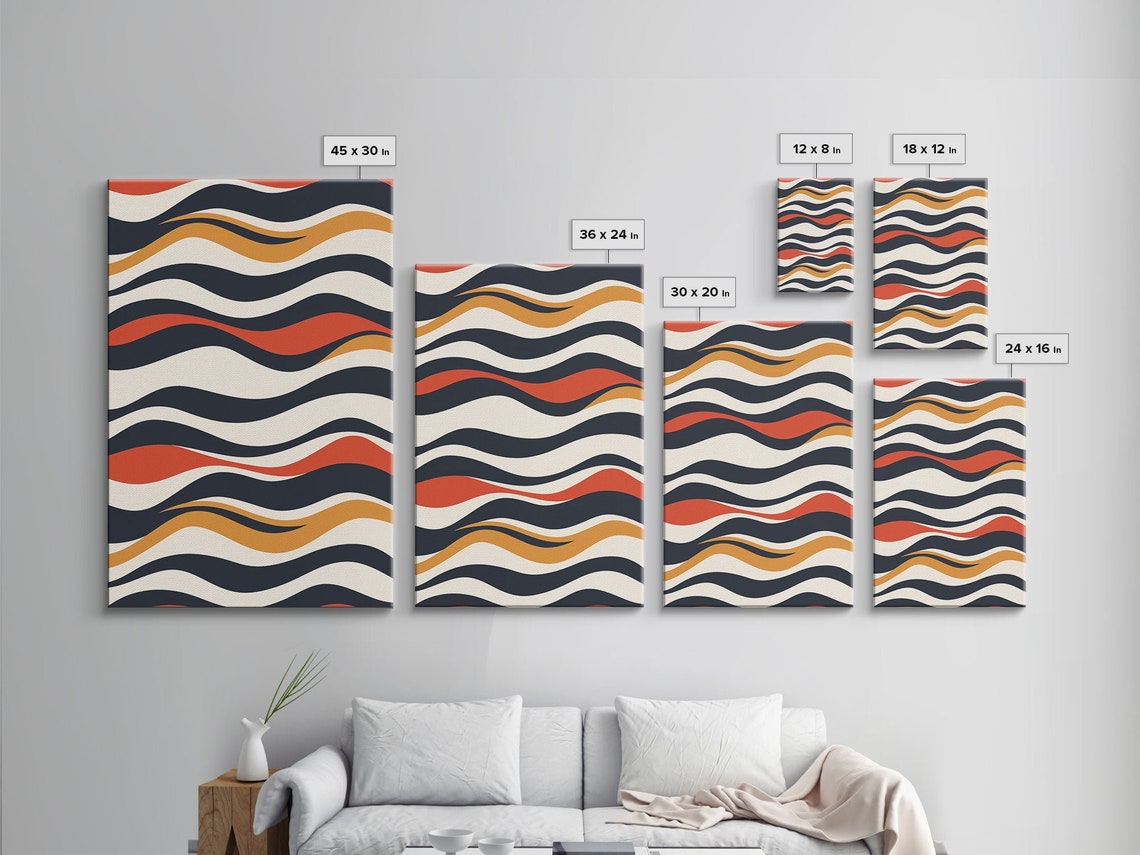Mid Century Modern Wavy Ripple Wall Art Print Navy Orange Red Abstract - Image 2