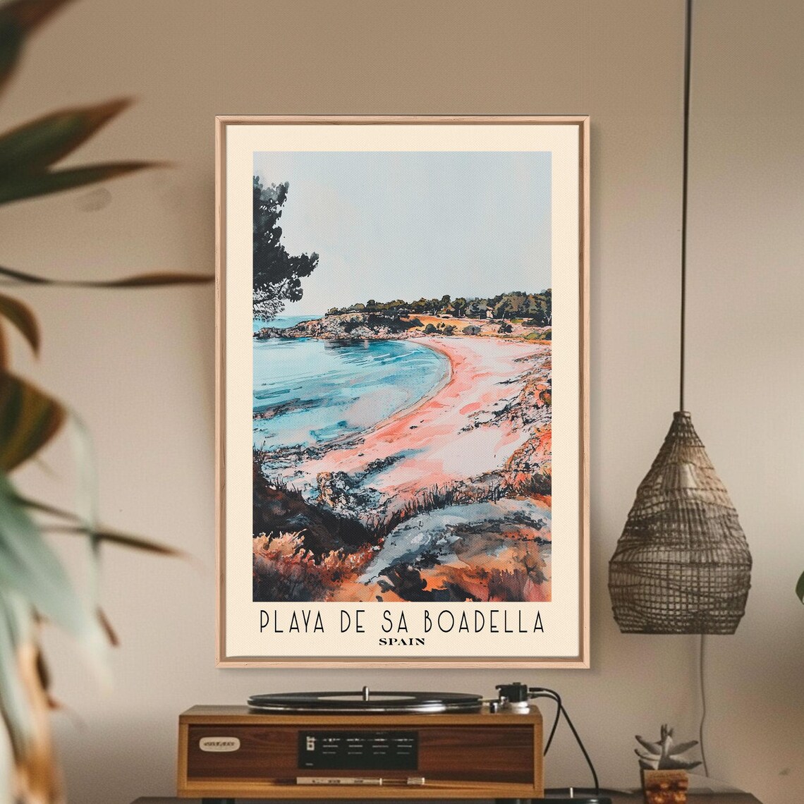 Playa de Sa Boadella Spain Pink Cove Teal Water Watercolor Travel Poster - Image 2