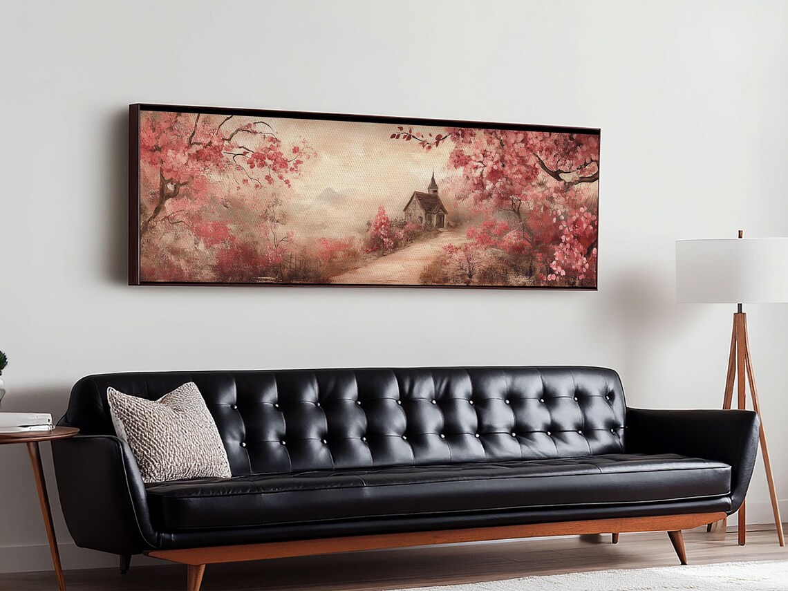 Cherry Blossom Chapel Path Pink Blossoms Misty Panoramic Rustic Wall Poster - Image 5
