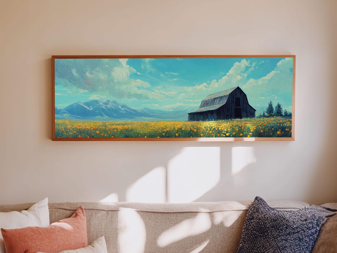 Dark Barn Yellow Wildflower Field Mountain View Panoramic Art Poster