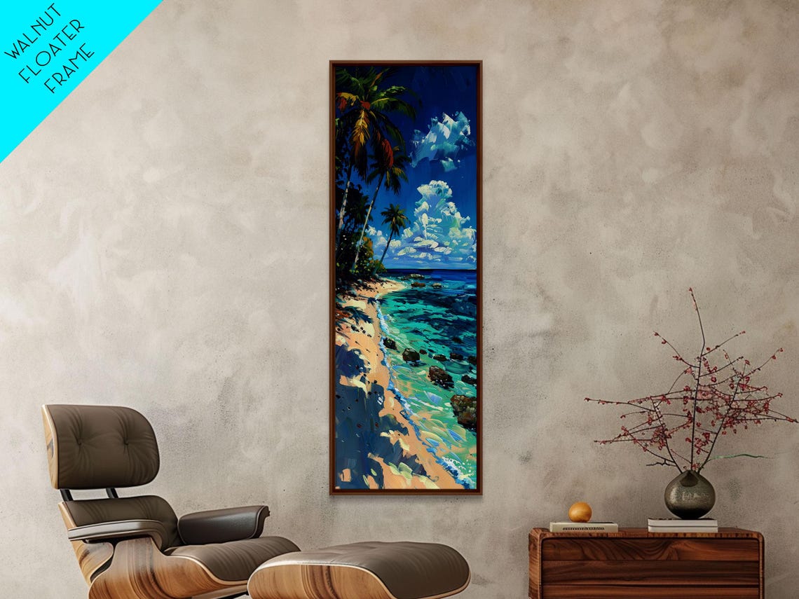 Rocky Tropical Beach Palm Trees Turquoise Cove Painting Print - Image 2