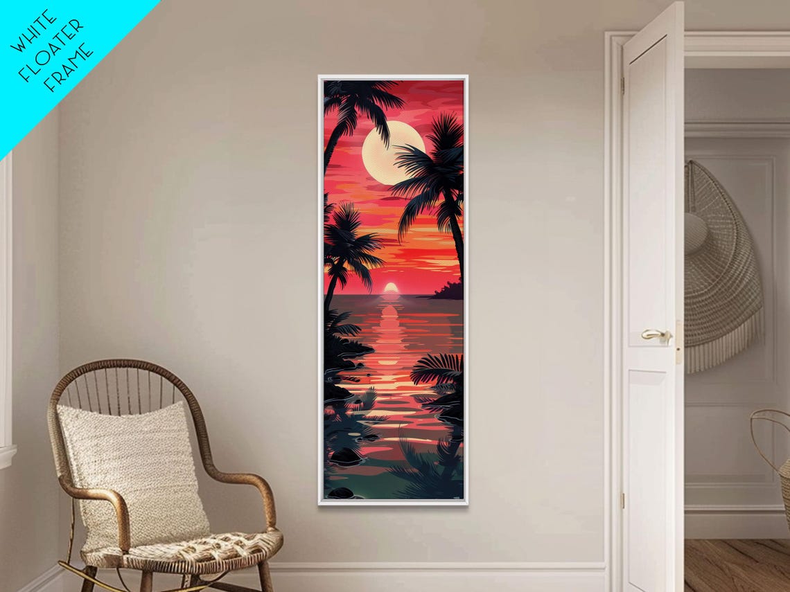 Serene Sunset With Palm Trees And Tranquil Ocean Reflection Ukiyo E Wood Block Tall Skinny Art Framed Print - Image 4