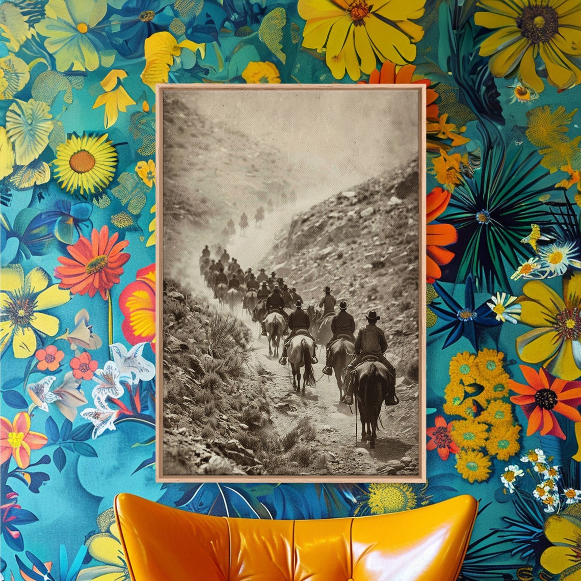 Vintage Cowboys Riding Mountain Trail Sepia Cattle Drive Wall Poster - Image 4