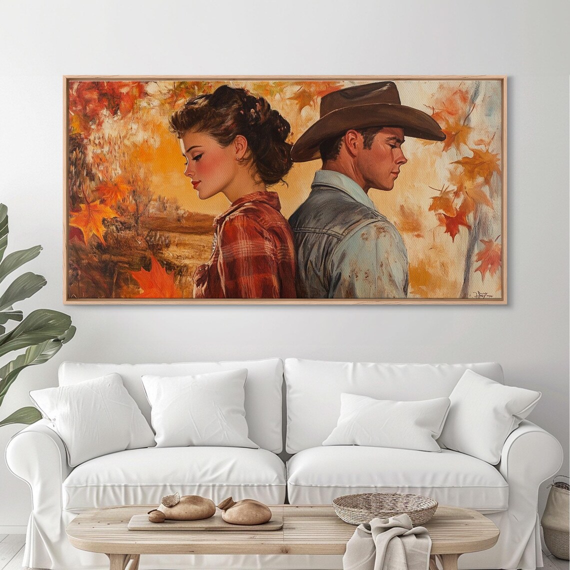 Cowboy And Cowgirl Back To Back In A Golden Autumn Forest Print - Image 4