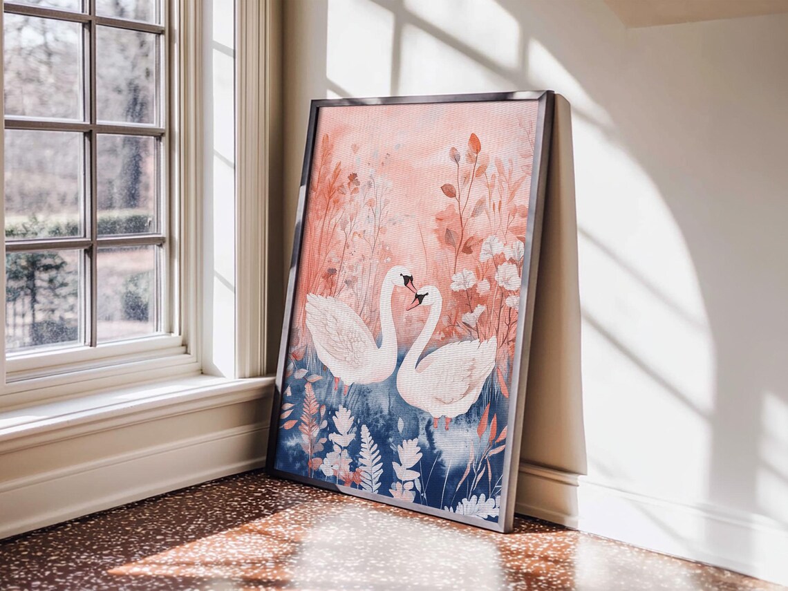 White Swans Pair Pink Pond Floral Watercolor Romantic Bird Wall Art - Image 3