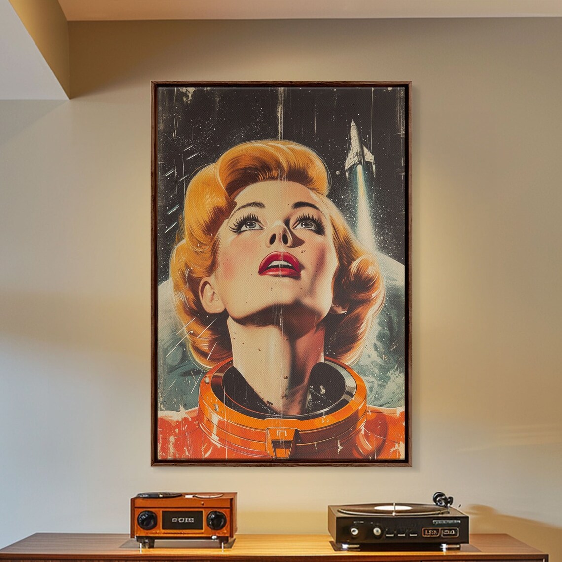 Mid Century Atomic Age Space Poster, Astronaut Woman - Image 5
